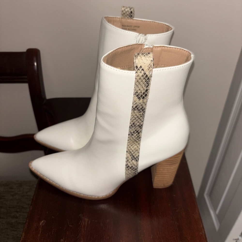 White Ankle Boots with Snake Print Accent